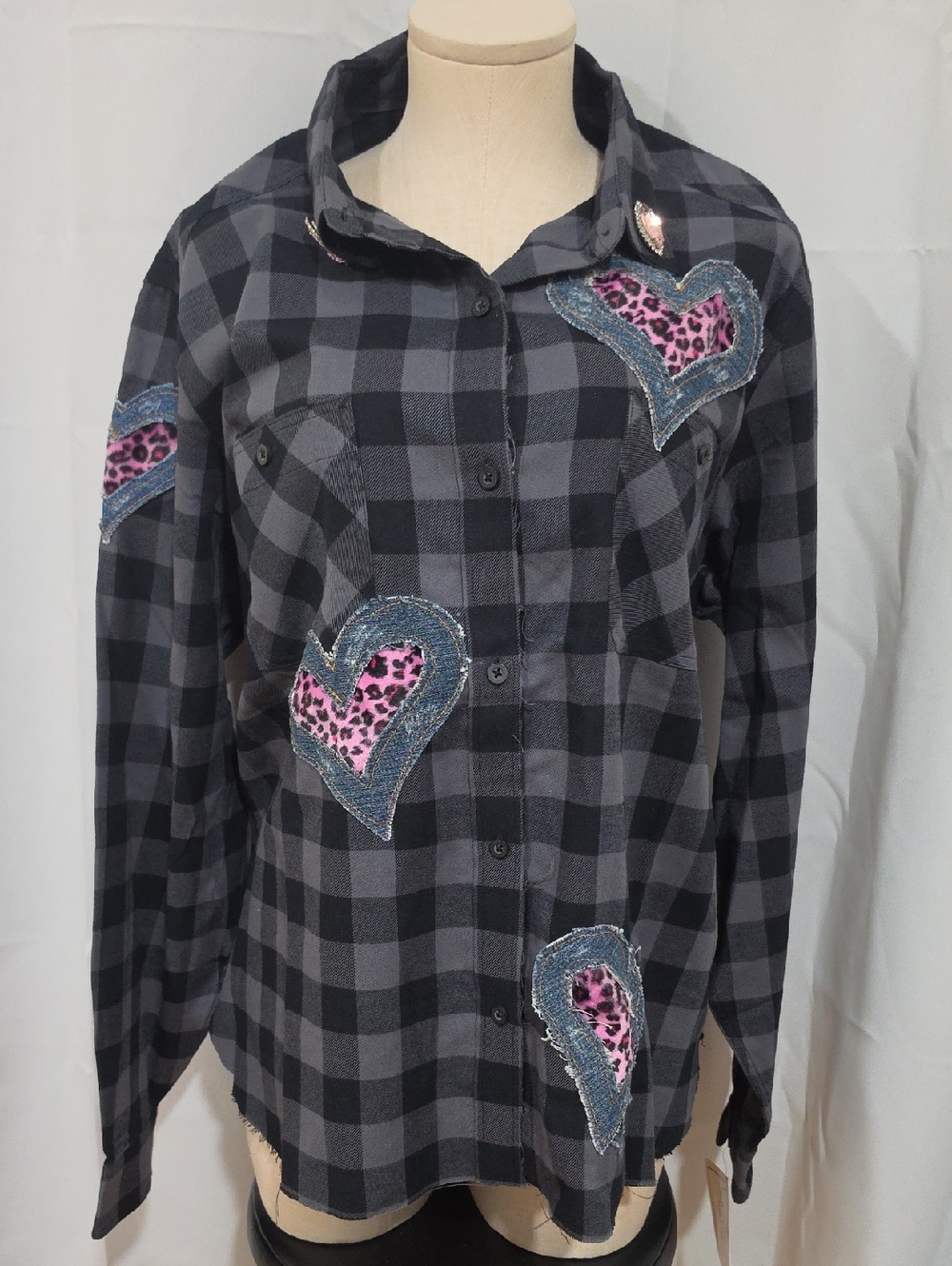 Suzy T Designs upcycled black and grey buffalo plaid flannel blouse